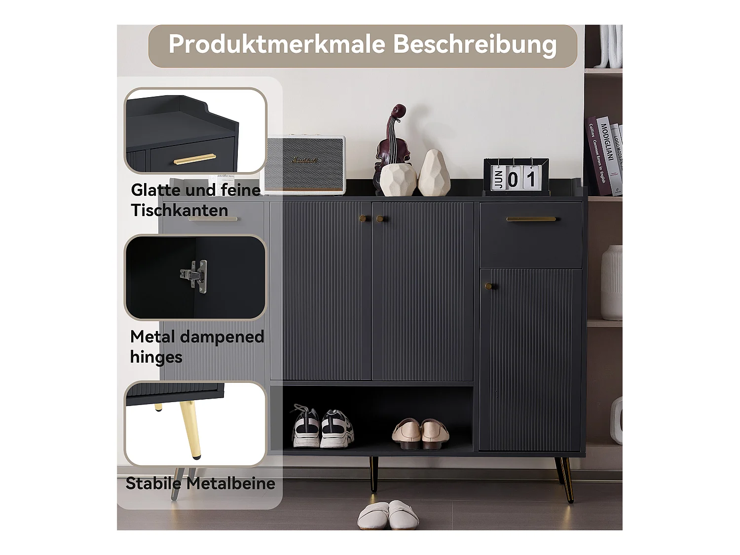 Schoenenkast 130x37x100 cm met twee lades en vier kastdeuren, spaanplaat in zwart, voor woonkamer