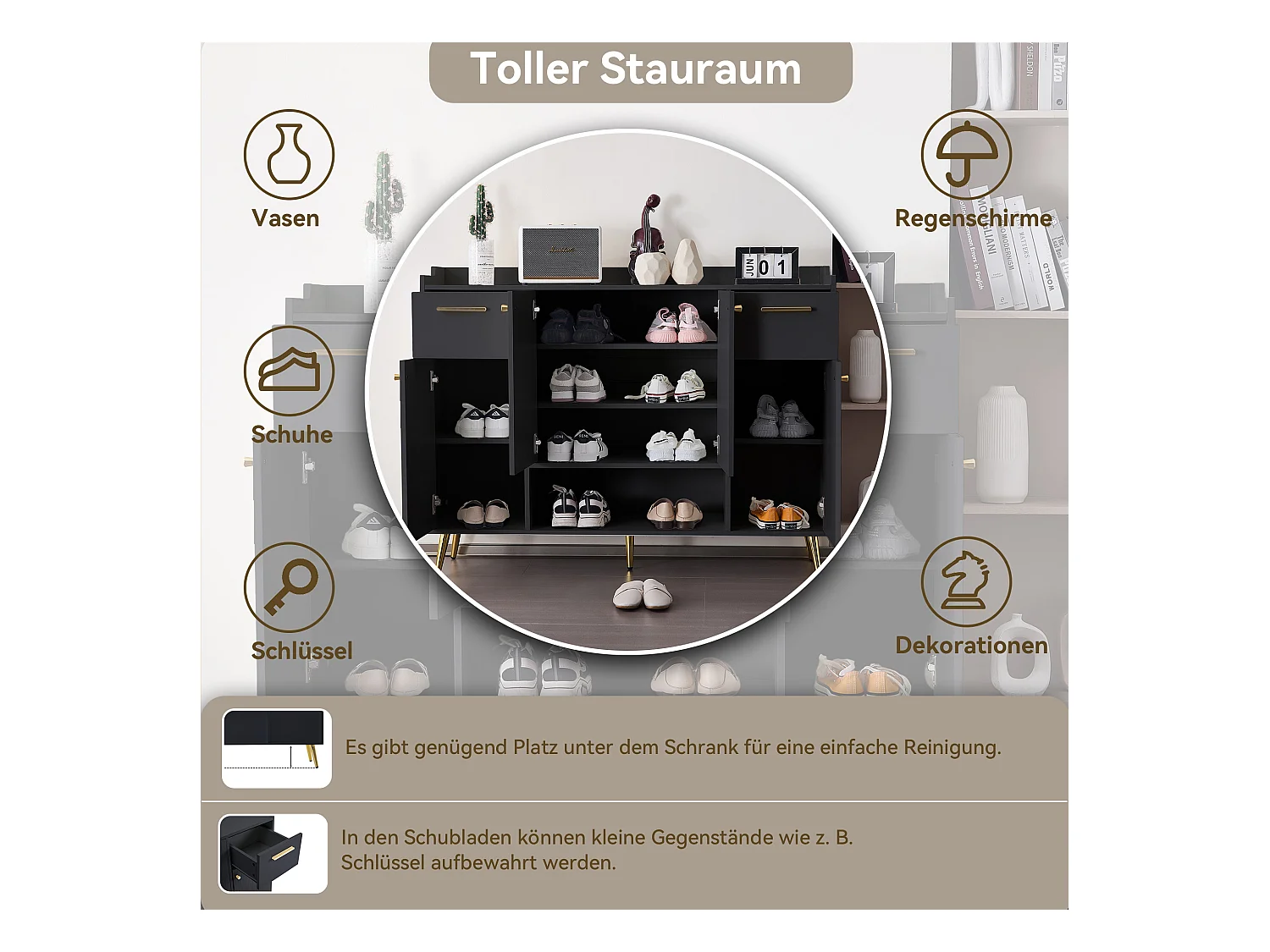 Schoenenkast 130x37x100 cm met twee lades en vier kastdeuren, spaanplaat in zwart, voor woonkamer