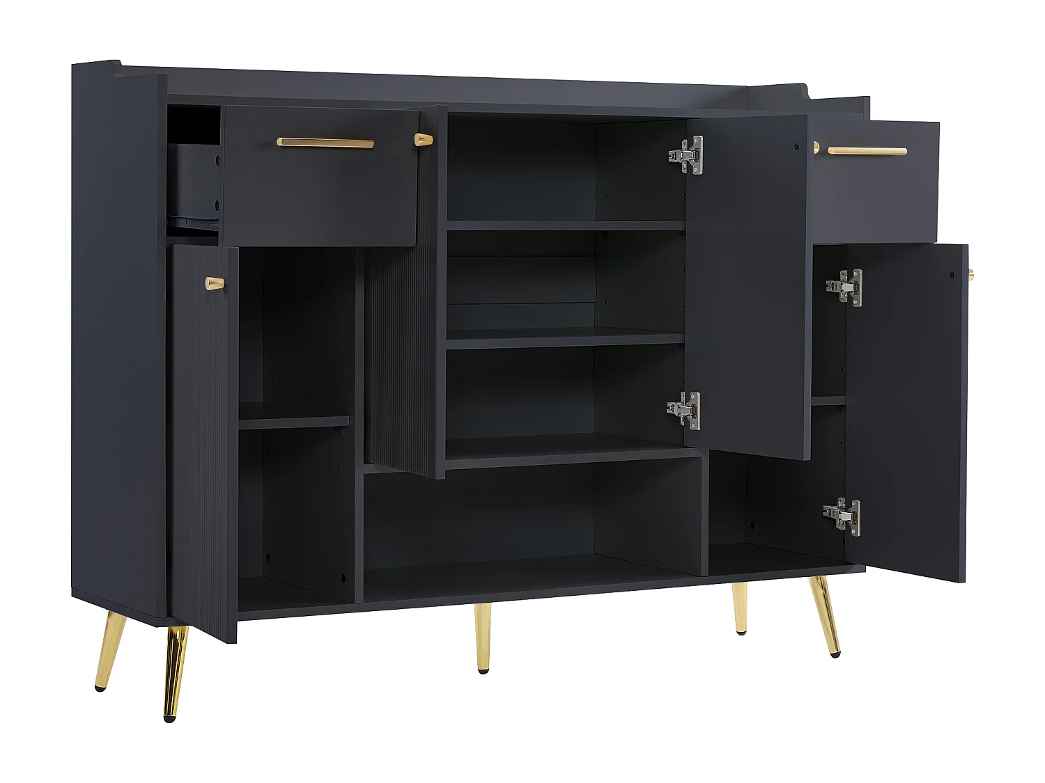 Meuble à chaussures 130x37x100 cm avec deux tiroirs et quatre portes d'armoire panneaux de particules en noir pour salon