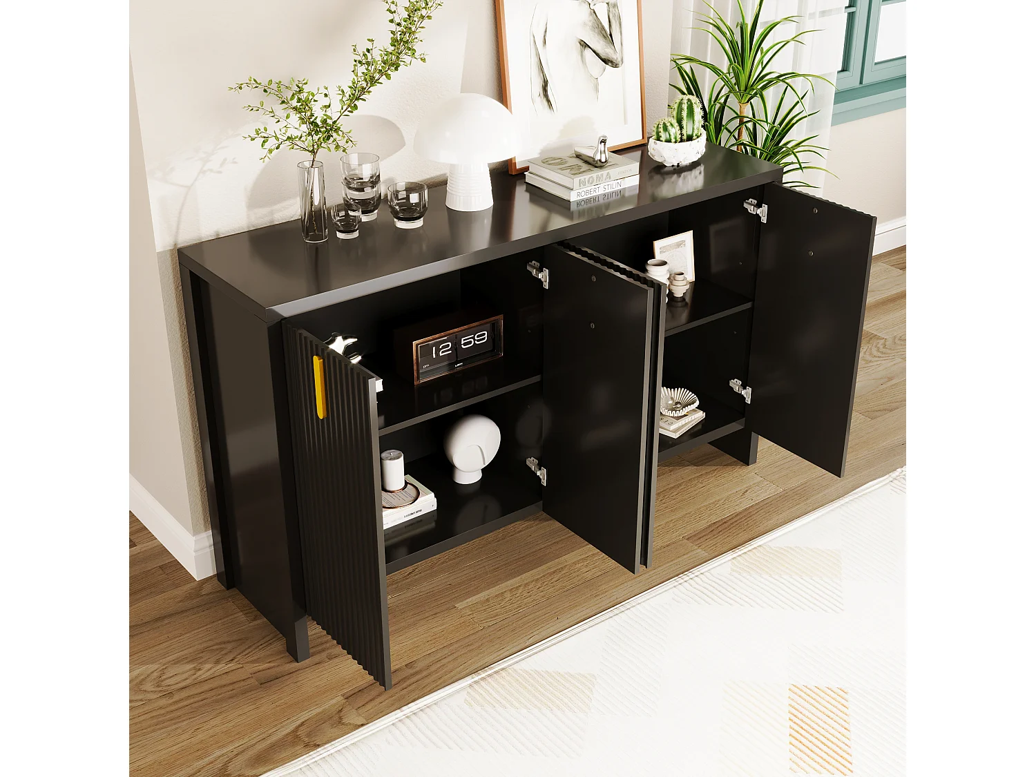 Buffet 140x38x80 cm avec cloisons réglables et amovibles panneaux de particules en noir pour Salle à manger