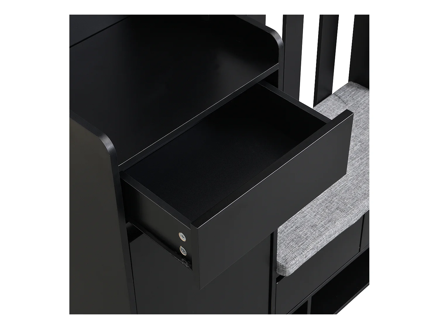 Halmeubelset 100x35x180 met lades en opbergkasten. Gemaakt van zwart MDF, geschikt voor woonkamer en hal.