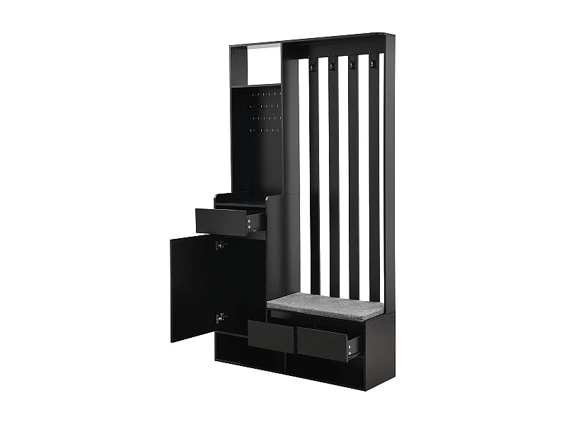 Meuble d'entrée 100x35x180 cm, 6 en 1 avec banc rembourré, panneau perforé, 4 crochets, MDF noir