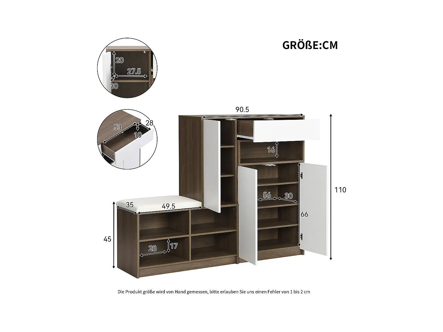 Meuble à chaussures 140x35x110 cm avec banc et séparateurs réglables Panneaux de particules en blanc pour salon