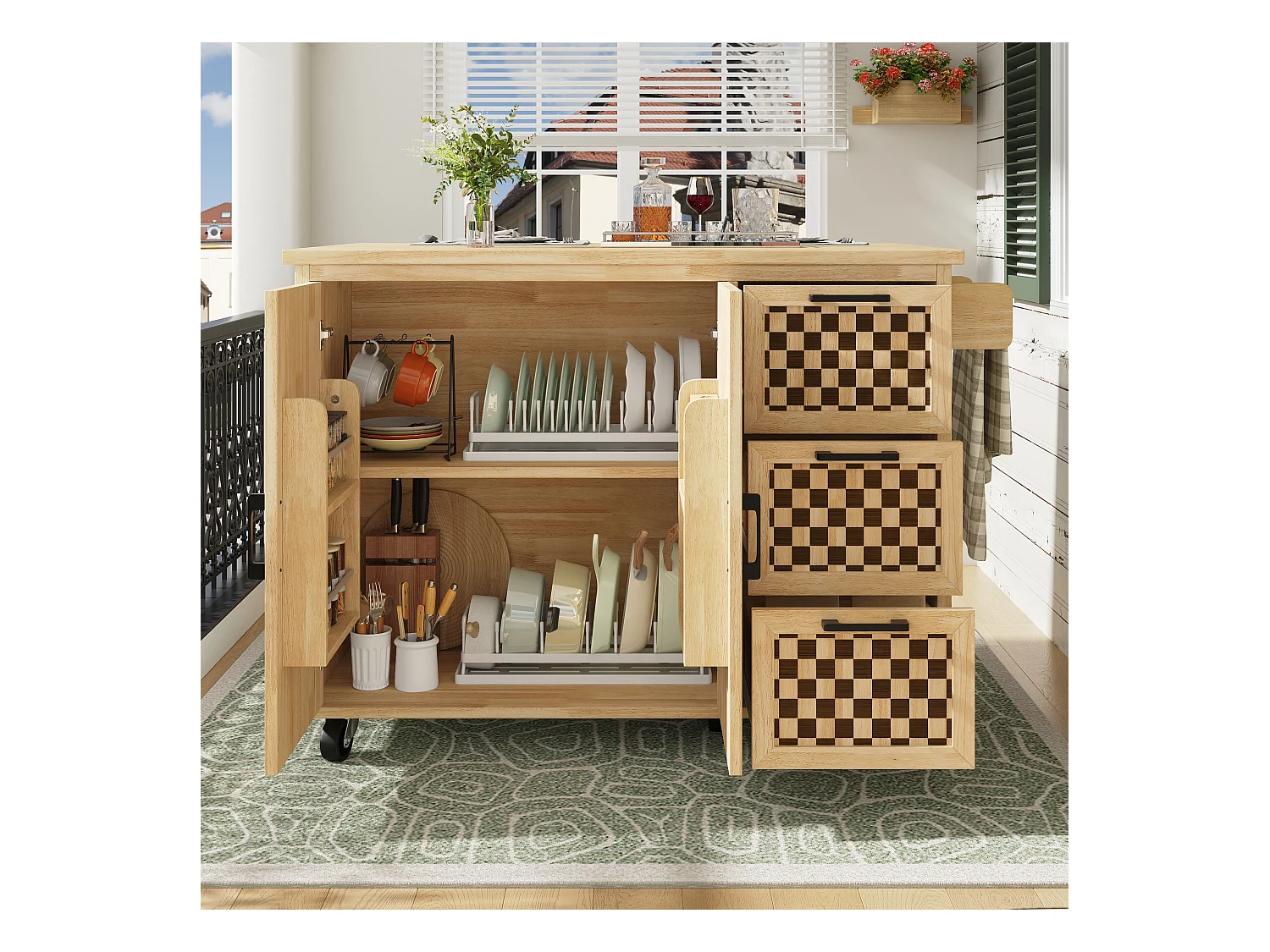 Keukeneiland met 2 deuren en 3 laden, uitschuifbaar blad, dambordpatroon, naturel