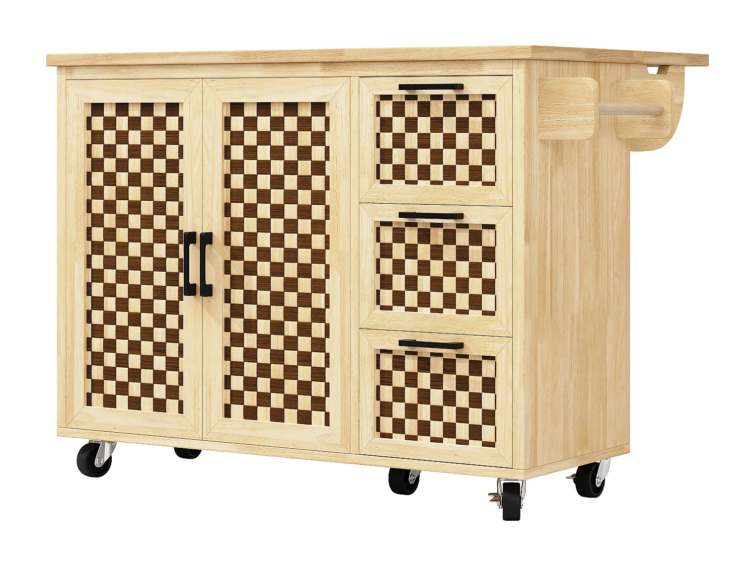 L'îlot de cuisine avec 2 portes et 3 tiroirs, plateau extensible , motif à damier, naturel