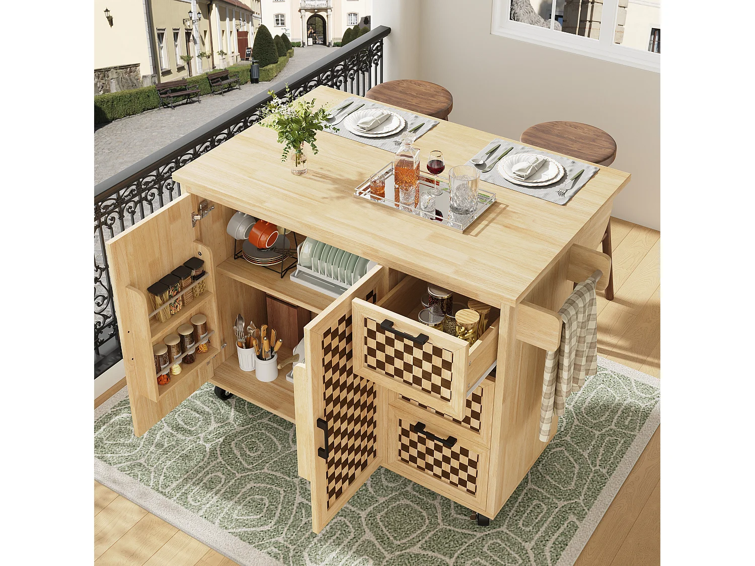L'îlot de cuisine avec 2 portes et 3 tiroirs, plateau extensible , motif à damier, naturel