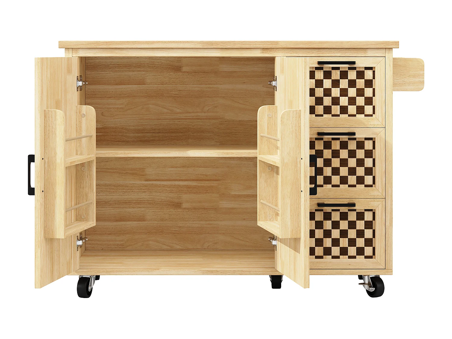 L'îlot de cuisine avec 2 portes et 3 tiroirs, plateau extensible , motif à damier, naturel