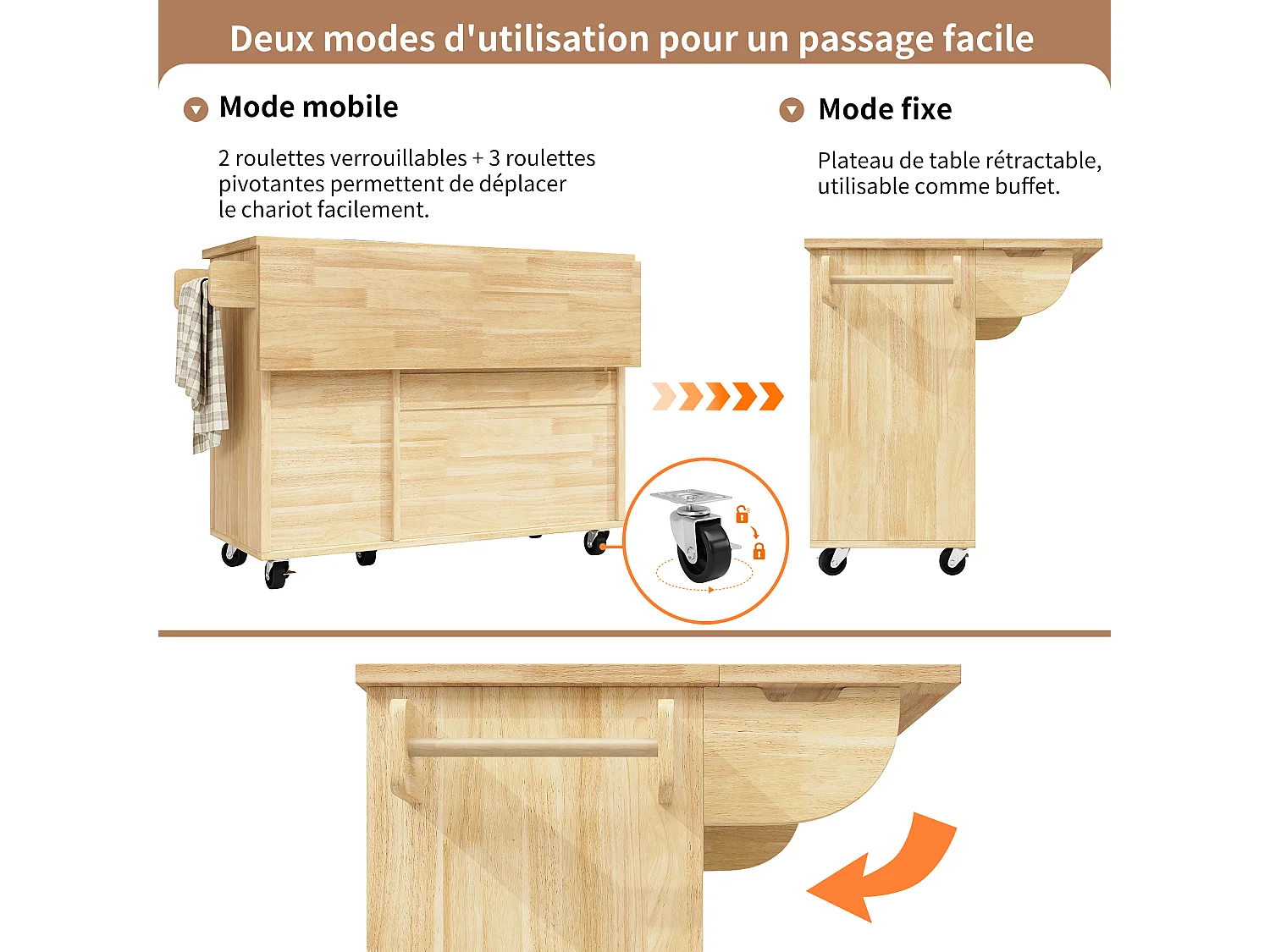 L'îlot de cuisine avec 2 portes et 3 tiroirs, plateau extensible , motif à damier, naturel