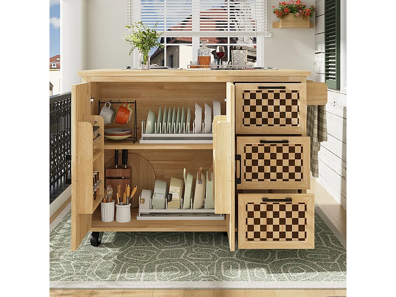 L'îlot de cuisine avec 2 portes et 3 tiroirs, plateau extensible , motif à damier, naturel