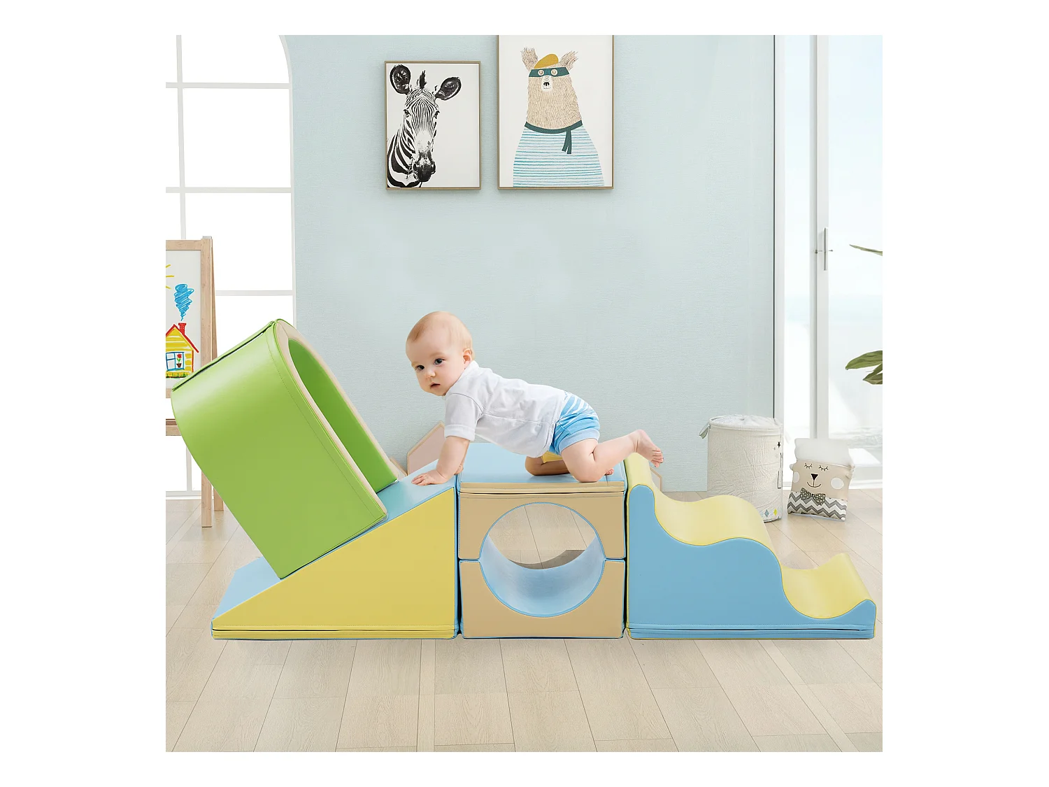 Bouwstenen 93.5x58x40.5cm met 6-in-1 set boog glijbaan en PU verborgen rits brengen Materiaal PU Geel