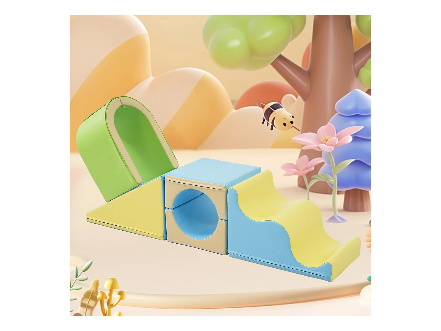 Bouwstenen 93.5x58x40.5cm met 6-in-1 set boog glijbaan en PU verborgen rits brengen Materiaal PU Geel