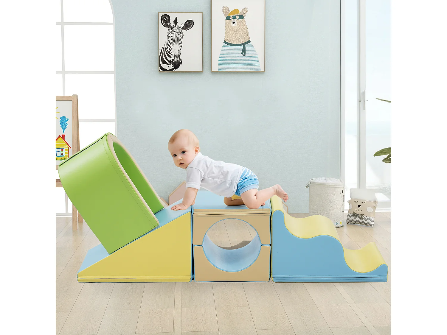 Bouwstenen 93.5x58x40.5cm met 6-in-1 set boog glijbaan en PU verborgen rits brengen Materiaal PU Geel