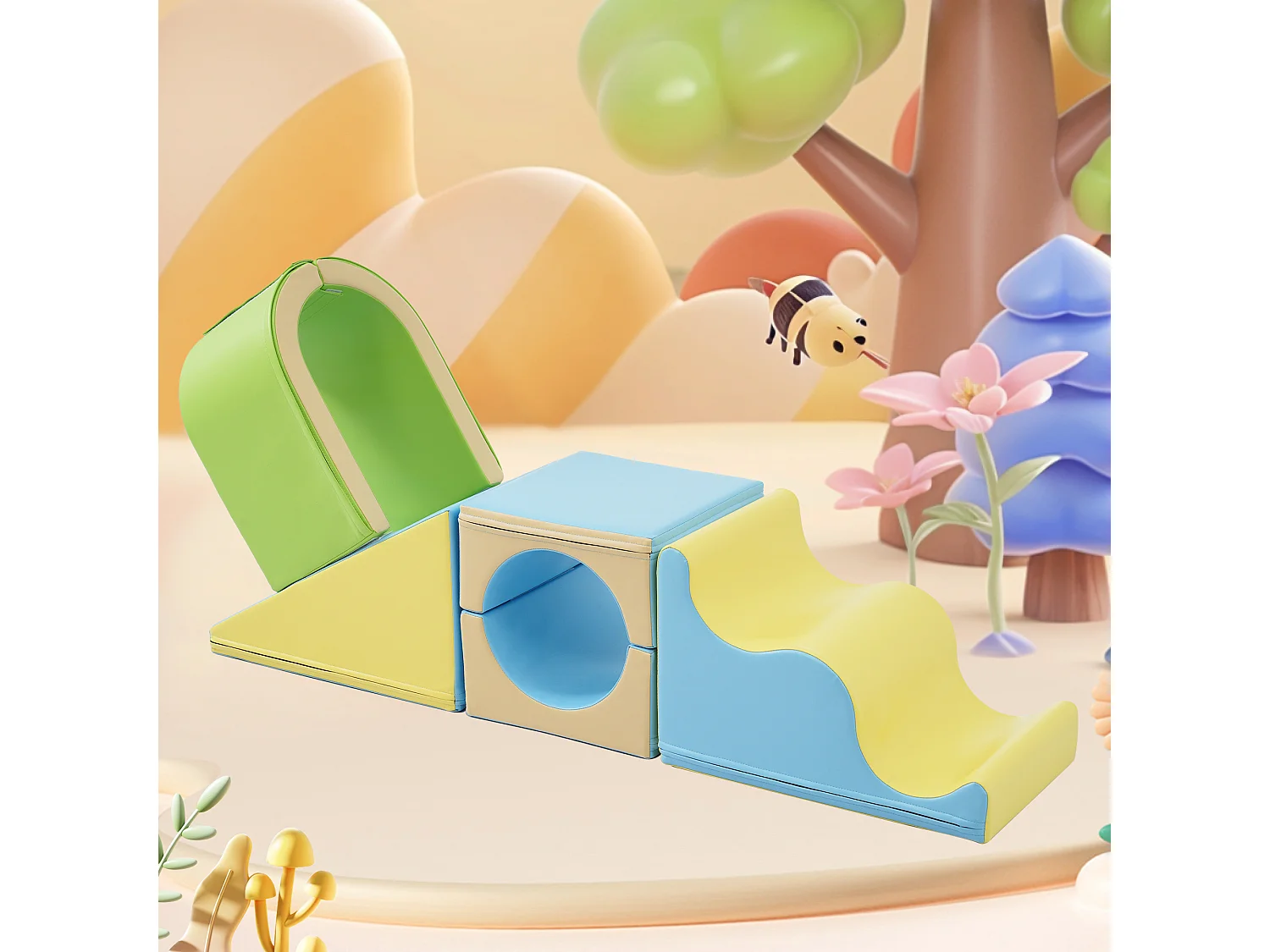 Bouwstenen 93.5x58x40.5cm met 6-in-1 set boog glijbaan en PU verborgen rits brengen Materiaal PU Geel