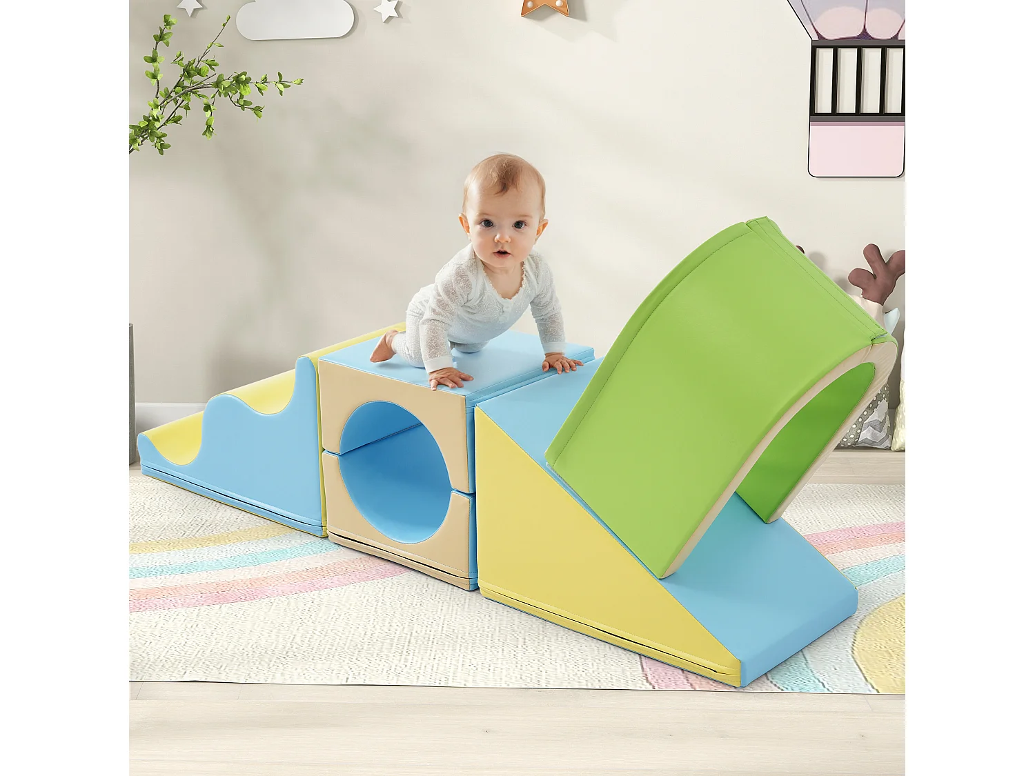 Blocs de motricité 6 en 1, arche à ramper, marches ondulées, surface facile à nettoyer, PU jaune