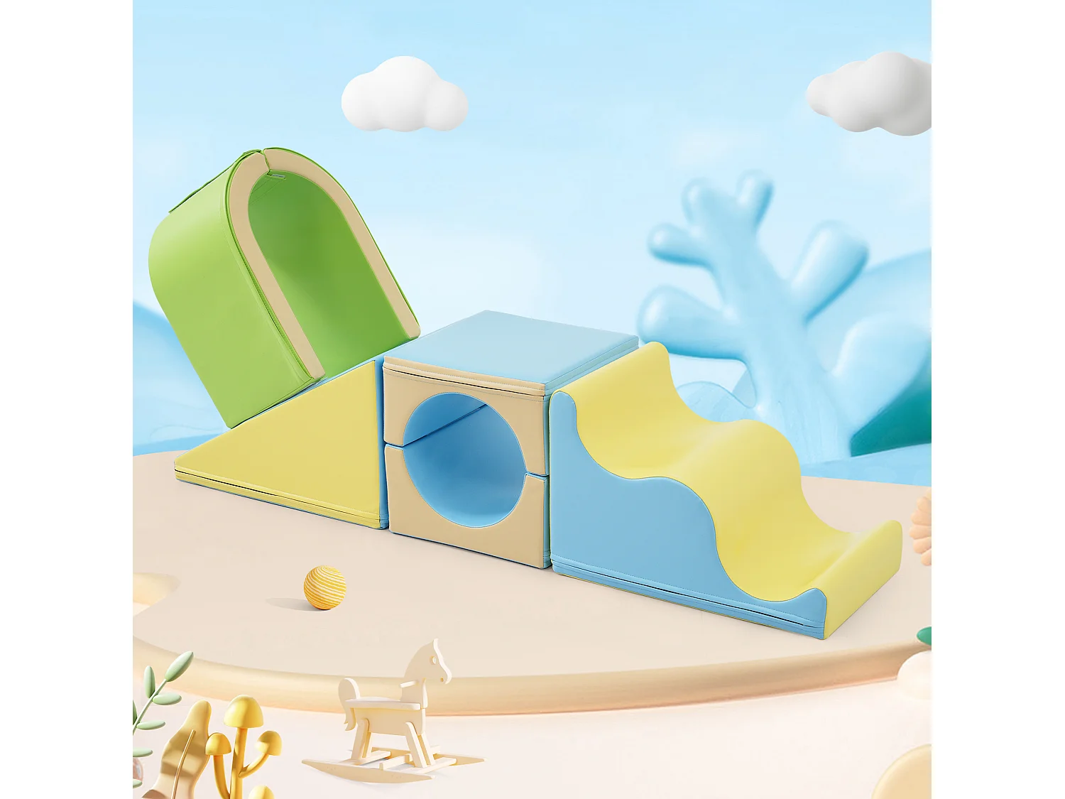 Blocs de motricité 6 en 1, arche à ramper, marches ondulées, surface facile à nettoyer, PU jaune