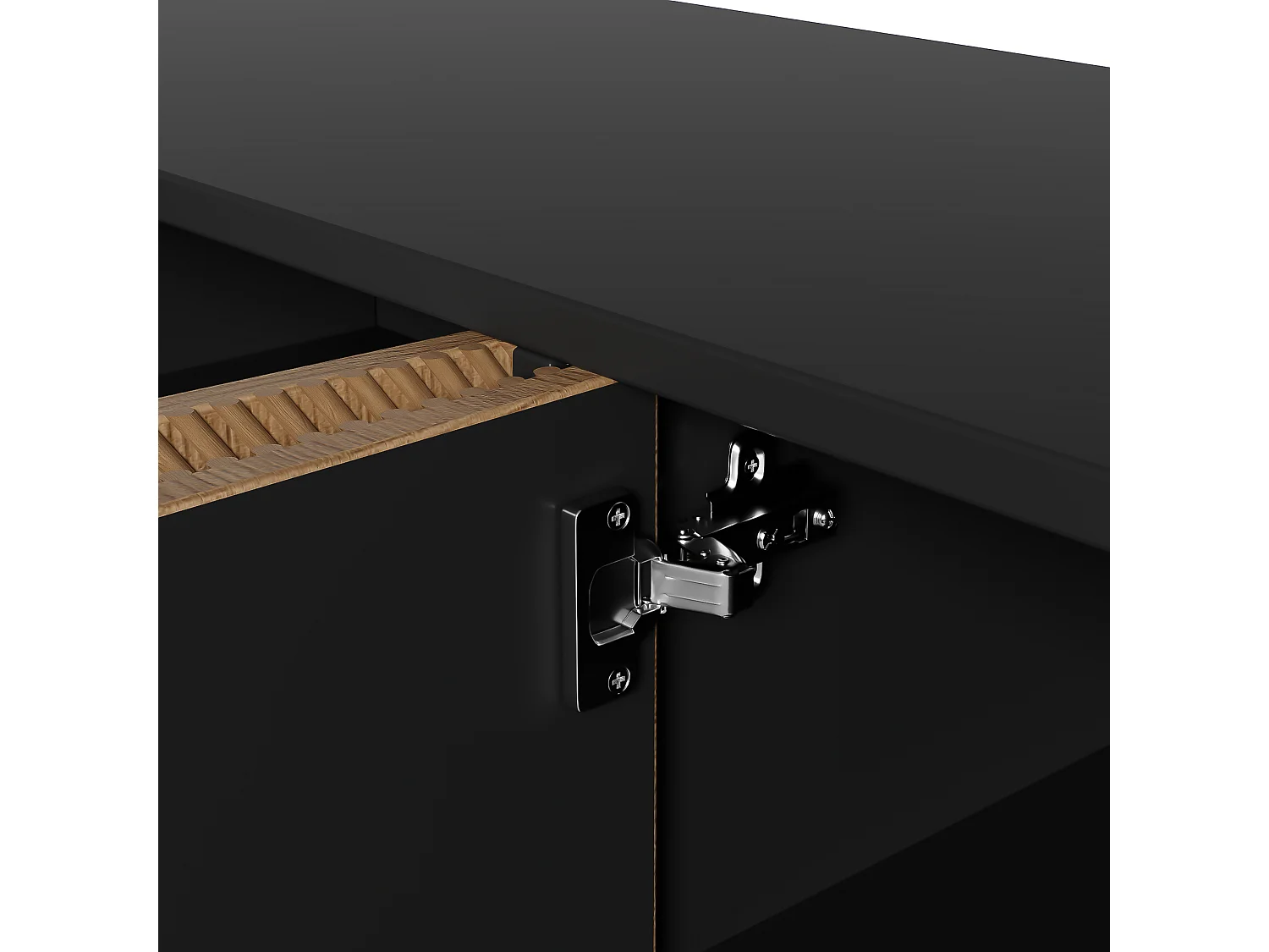 Buffet 160x40x75 cm avec casiers MDF et panneaux de particules noir et couleurs naturelles pour salon et cuisine