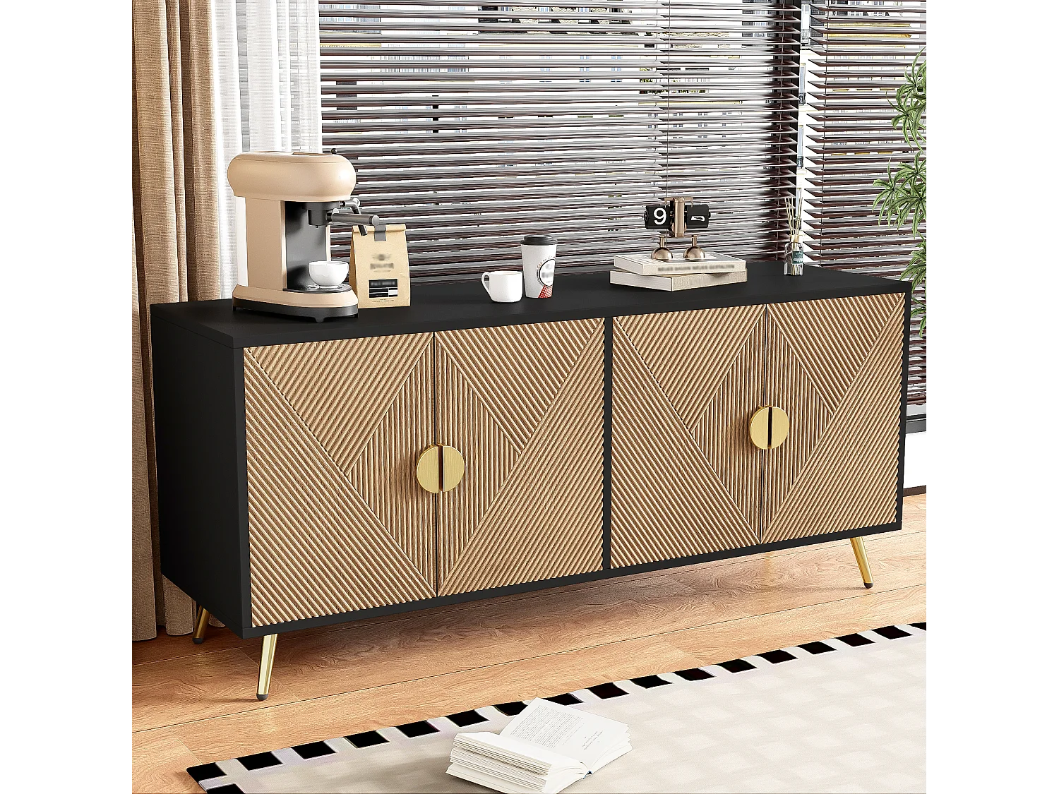 Buffet 160x40x75 cm avec casiers MDF et panneaux de particules noir et couleurs naturelles pour salon et cuisine
