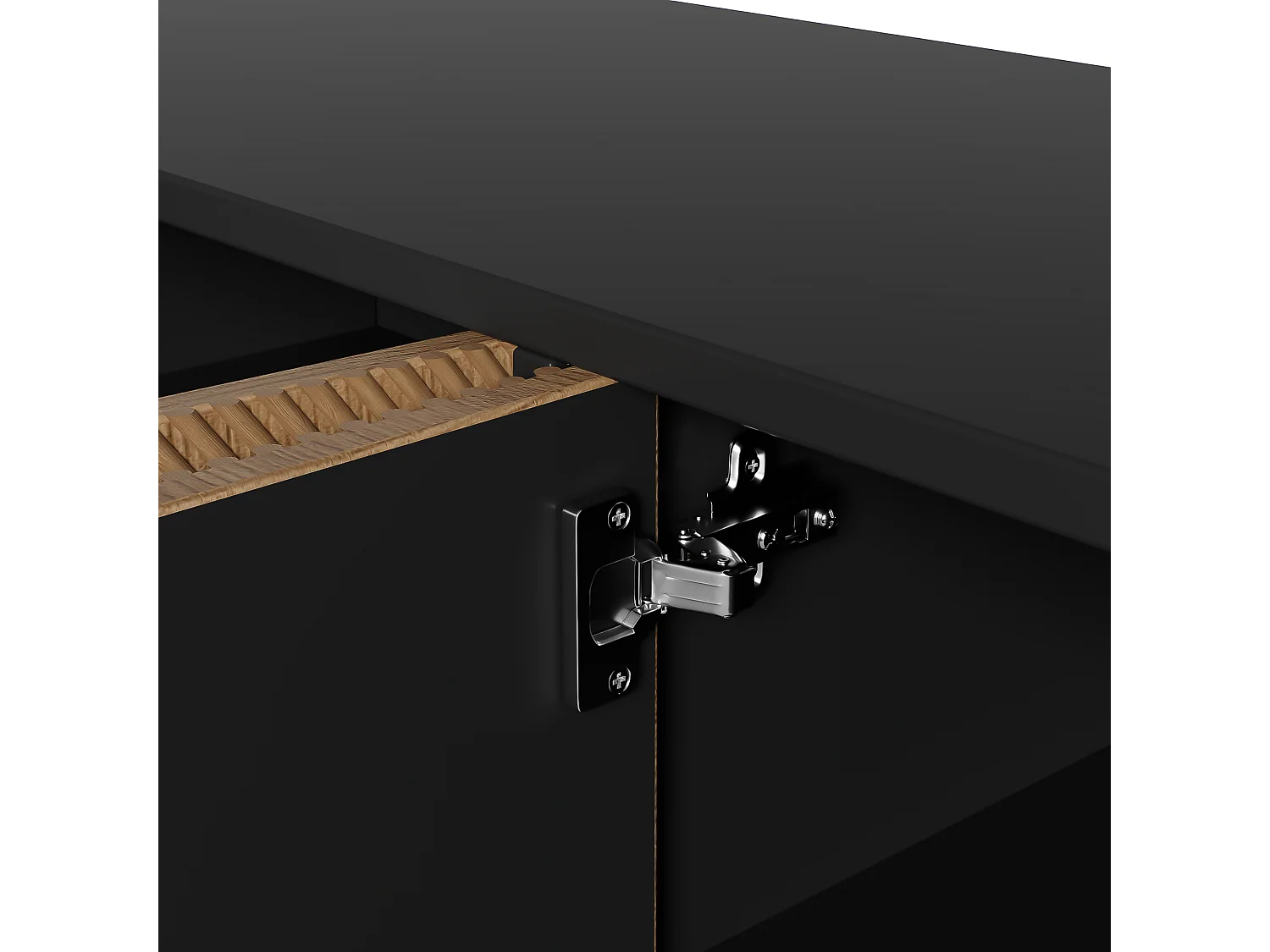 Buffet 160x40x75 cm avec casiers MDF et panneaux de particules noir et couleurs naturelles pour salon et cuisine