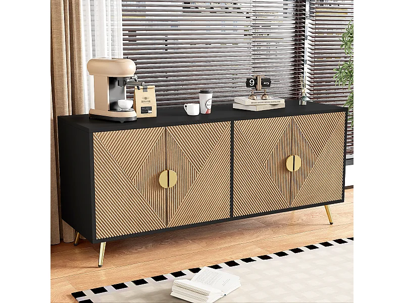 Buffet 160x40x75 cm avec casiers MDF et panneaux de particules noir et couleurs naturelles pour salon et cuisine