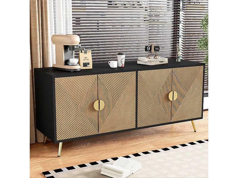 Buffet 160x40x75 cm avec casiers MDF et panneaux de particules noir et couleurs naturelles pour salon et cuisine