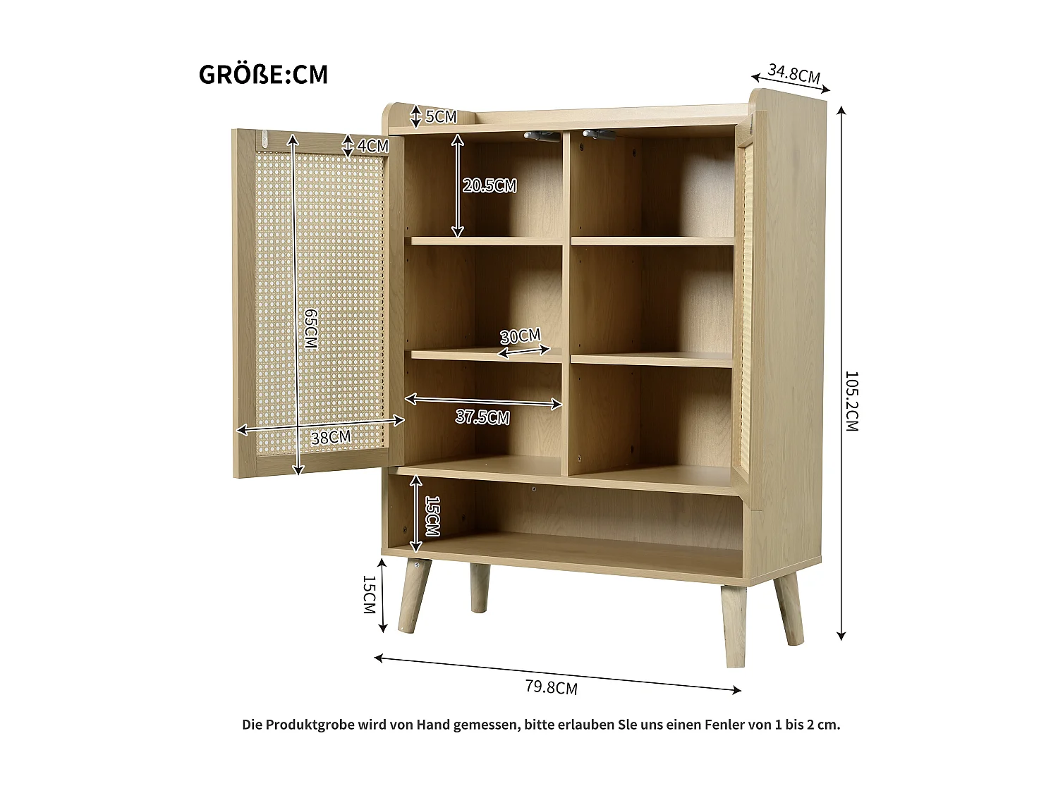 Schoenenkast 80x35x105 cm, grote opbergruimte, push to open, afgeronde hoeken, spaanplaat, licht eiken