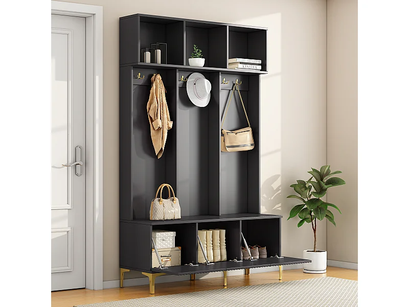 Entreemeubelset 120x40x191,5 met bank en haken, spaanplaat in zwart, voor woonkamer en hal