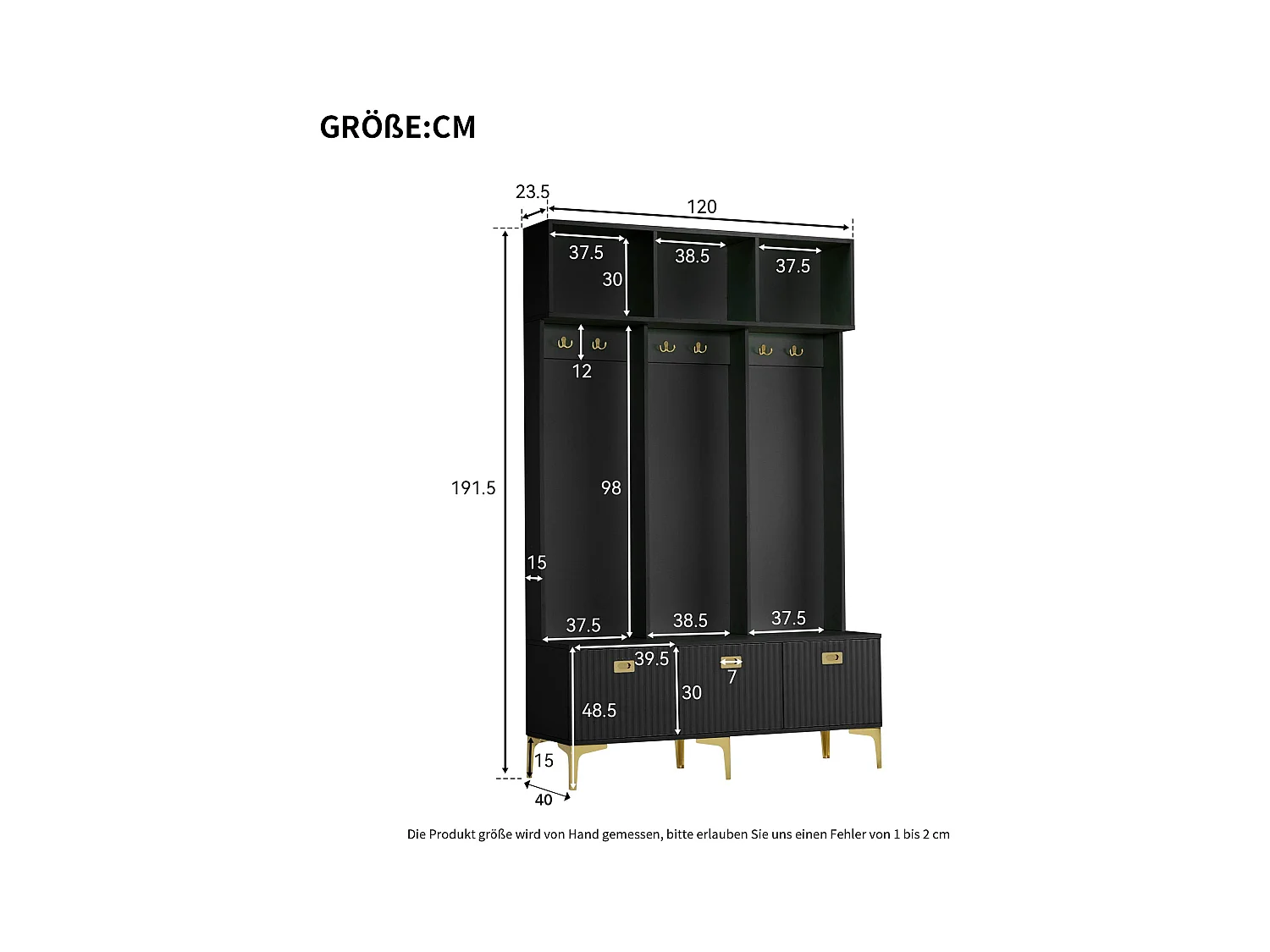 Entreemeubelset 120x40x191,5 met bank en haken, spaanplaat in zwart, voor woonkamer en hal