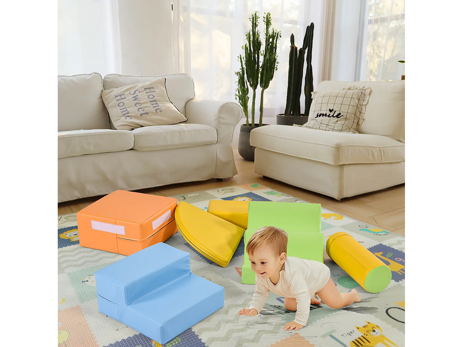 Bouwstenen 100x80x20cm met in totaal 6 stuks trap glijbaan en PU bouwstenen brengen Materiaal PU Geel