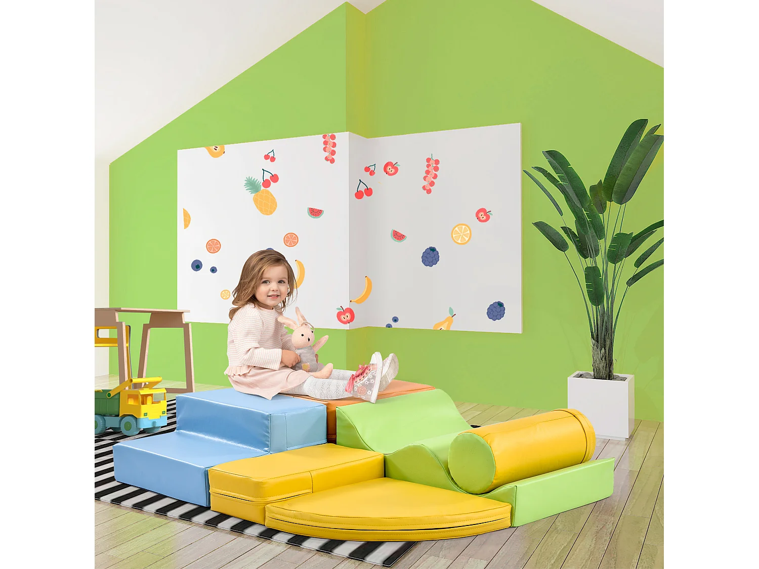 Bouwstenen 100x80x20cm met in totaal 6 stuks trap glijbaan en PU bouwstenen brengen Materiaal PU Geel