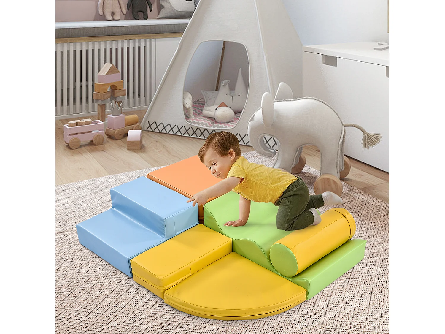Blocs de motricité bébé 60x20x40 cm, 6 pièces modulables, pour grimper et ramper, PU jaune