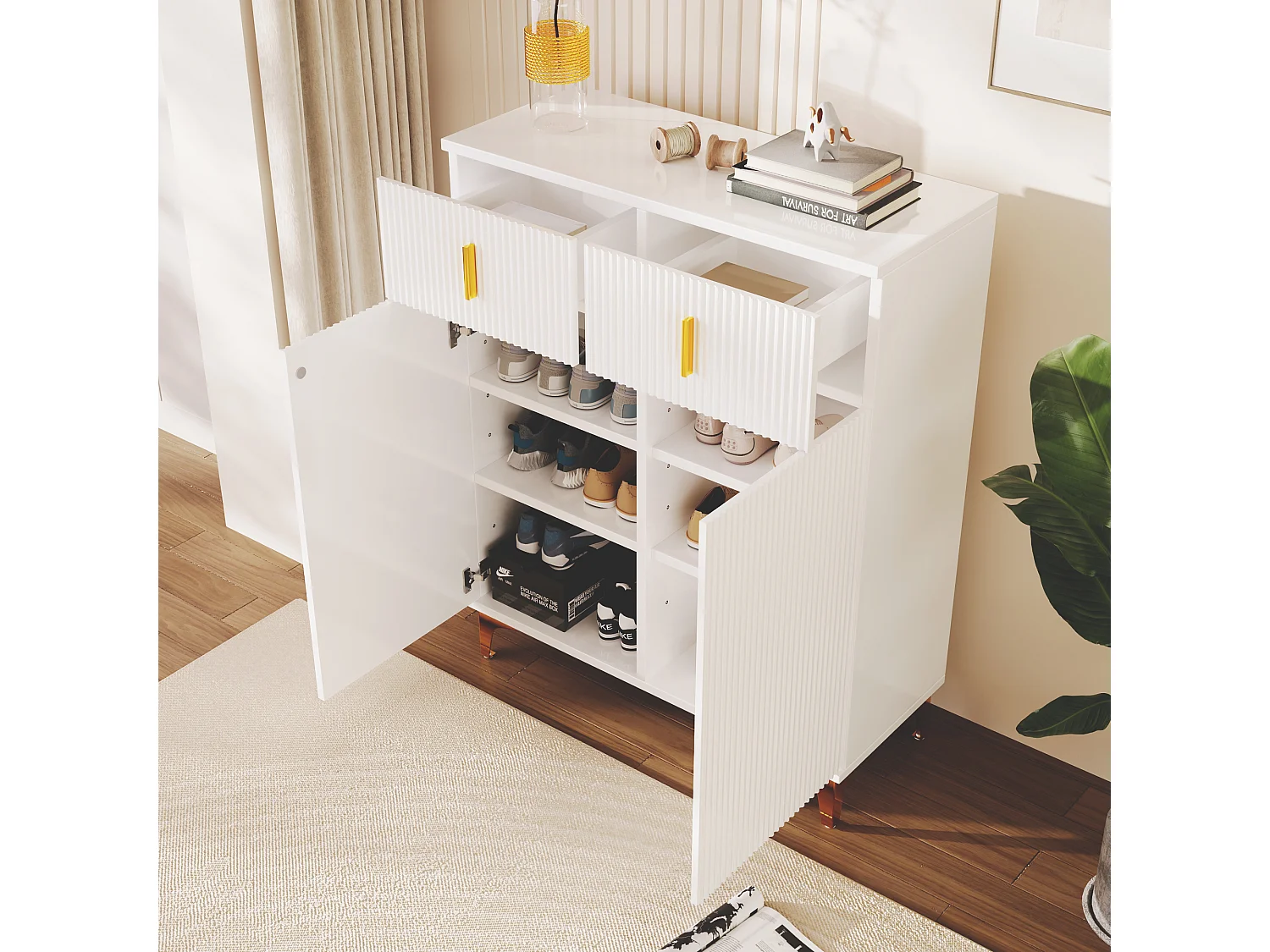 Buffetkast 83x35x101 cm, verstelbare planken, soft close scharnieren, push-to-open opening, gestructureerd paneel, witte spaanplaat