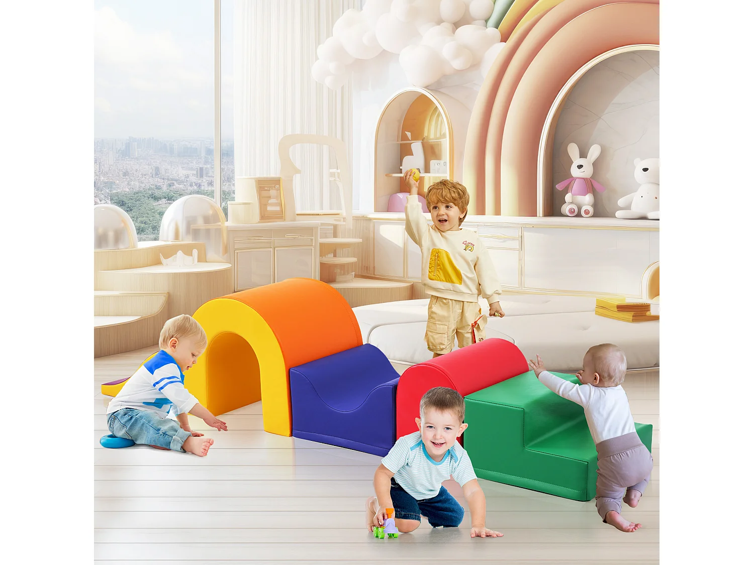 Jeu de construction en mousse 5 pièces, 5-en-1 modulable, liens à scratch, housse zippée, PU orange