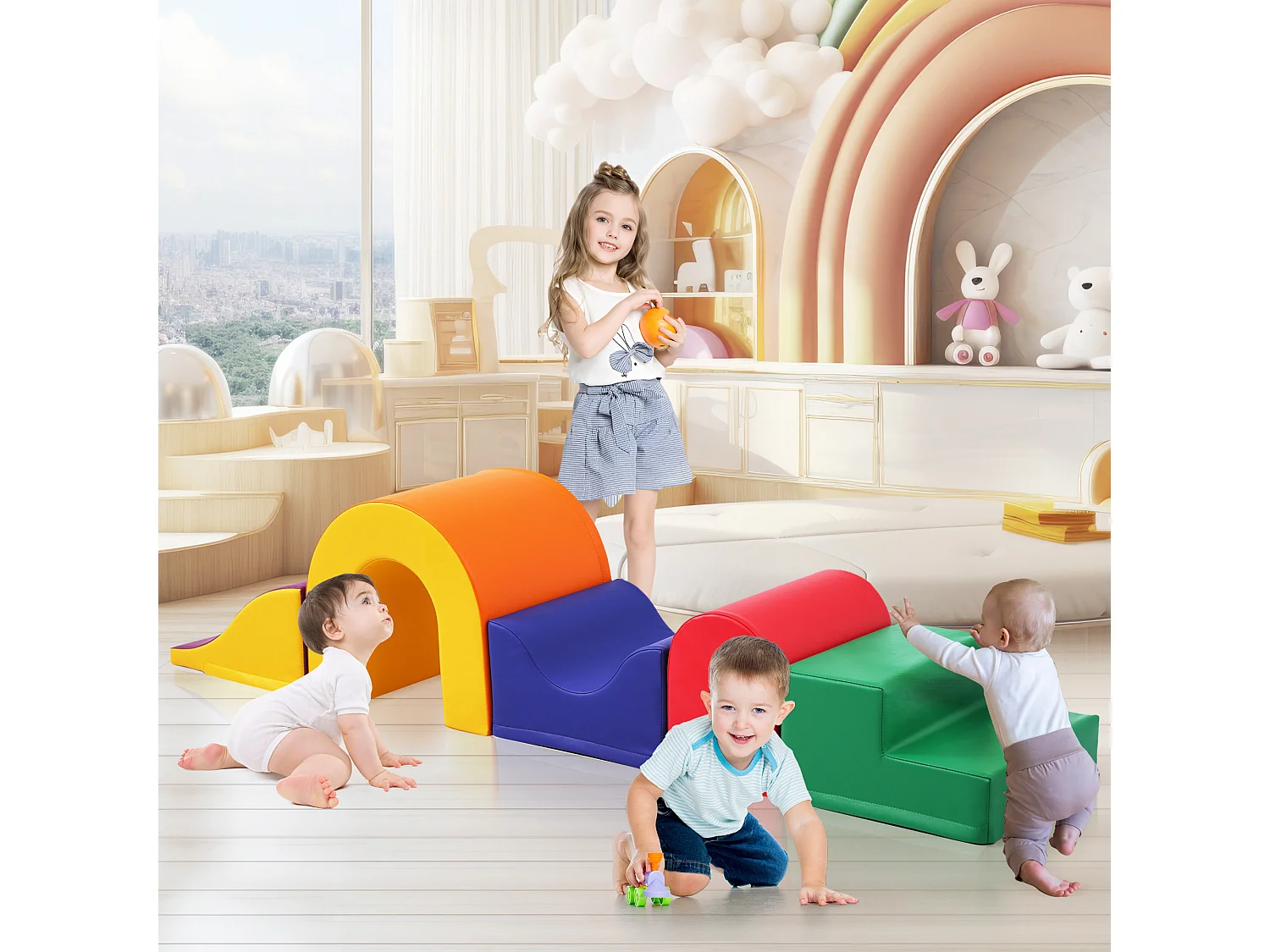 Jeu de construction en mousse 5 pièces, 5-en-1 modulable, liens à scratch, housse zippée, PU orange