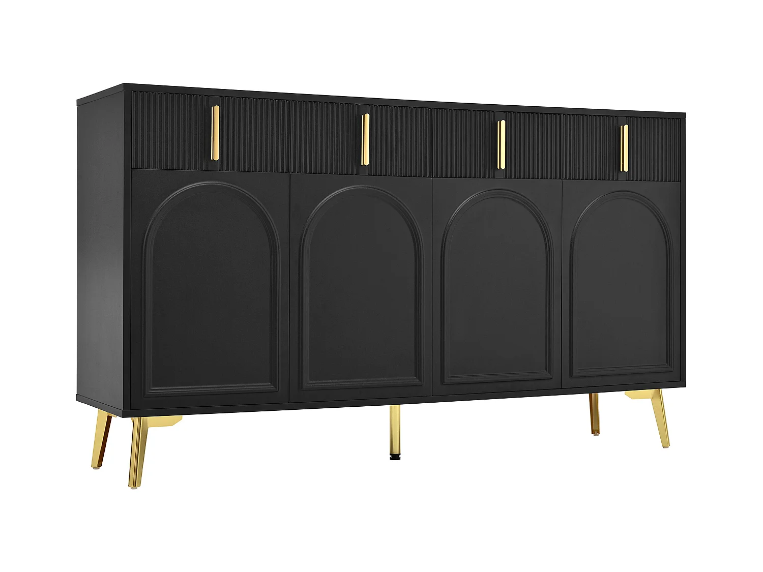 Dressoir 140x38x82 cm met lades en verstelbare tussenschotten. Gemaakt van zwart MDF, geschikt voor woonkamer en keuken.