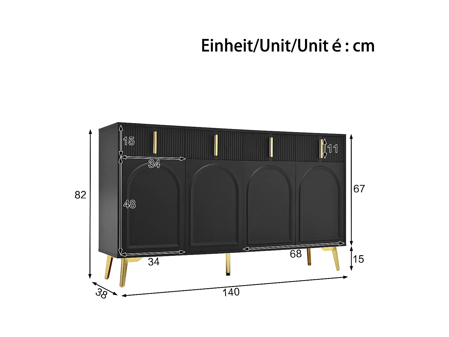 Dressoir 140x38x82 cm met lades en verstelbare tussenschotten. Gemaakt van zwart MDF, geschikt voor woonkamer en keuken.