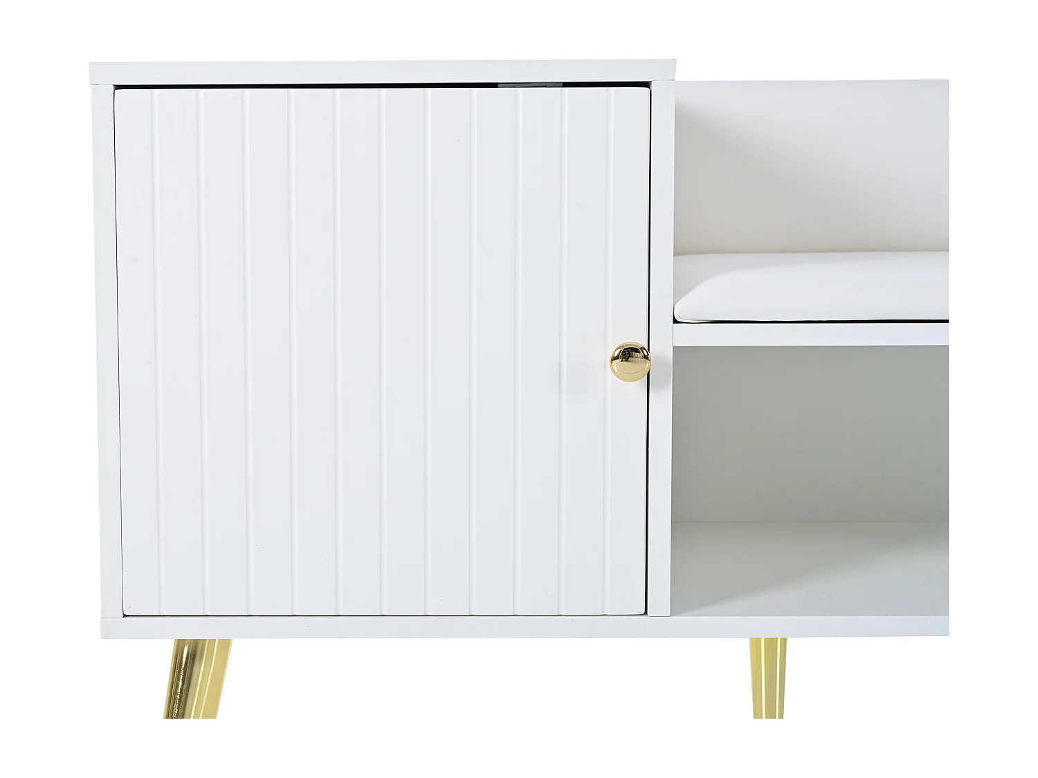 Banc à chaussures 100x38x58 cm, grand rangement, assise rembourrée et dossier, pieds métalliques, panneau de particules blanc