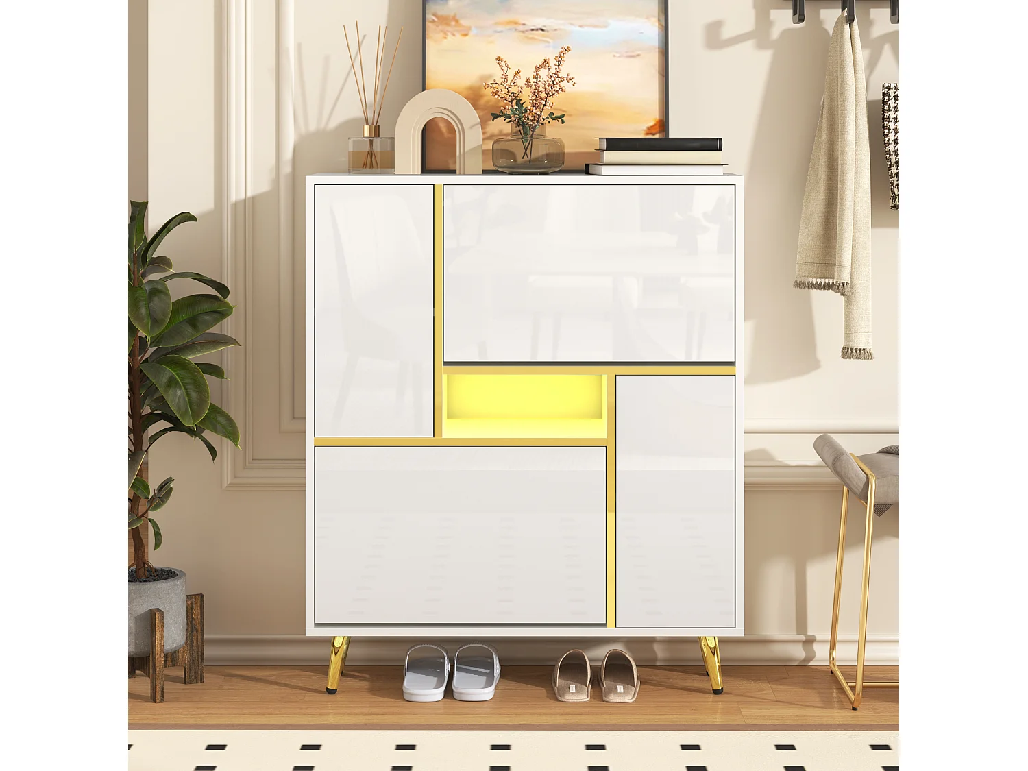 Meuble à chaussures 80x25x96 cm, éclairage LED 16 couleurs, étagères réglables, charnières amorties, panneau de particules blanc