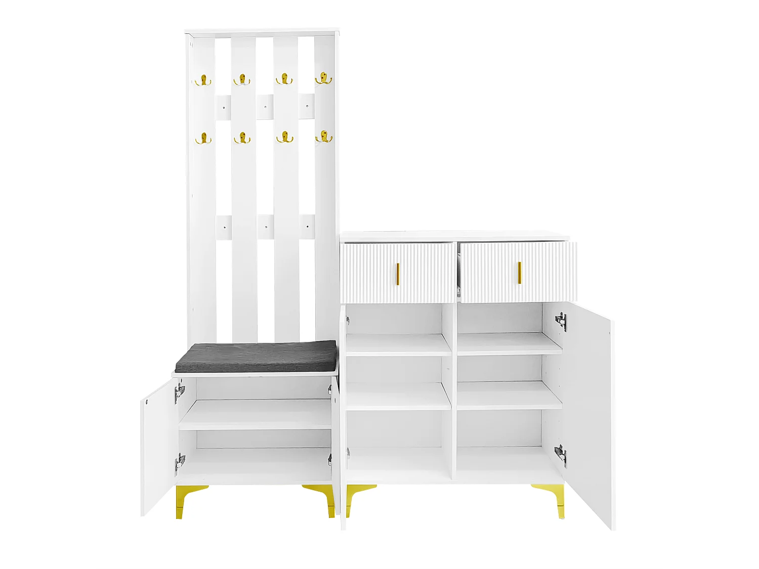 Garde-robe 143.5x35x180.5 cm avec crochets, tiroirs et meuble à chaussures panneaux de particules en blanc pour Salon et chambre