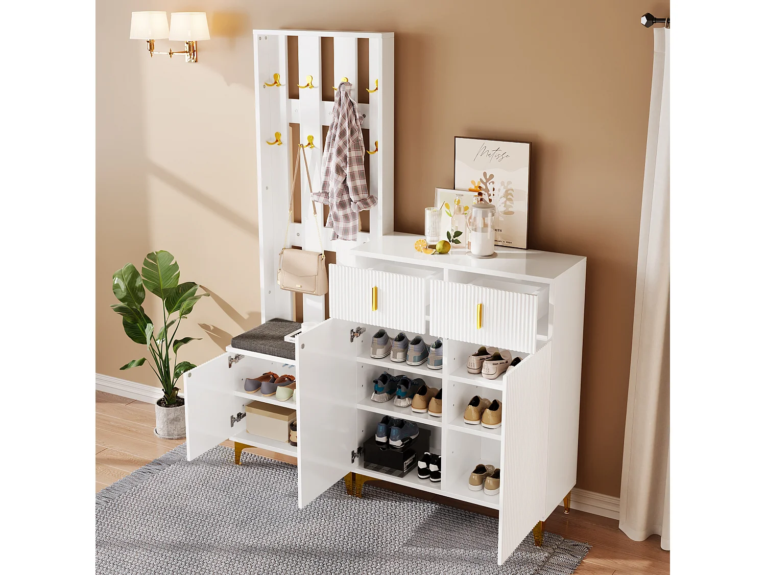 Ensemble vestiaire 60.5x35.2x180.5 cm et banc à chaussures 83x35x101 cm, 2 tiroirs, 2 portes, coussin, panneaux ondulés, panneaux de particules, blanc