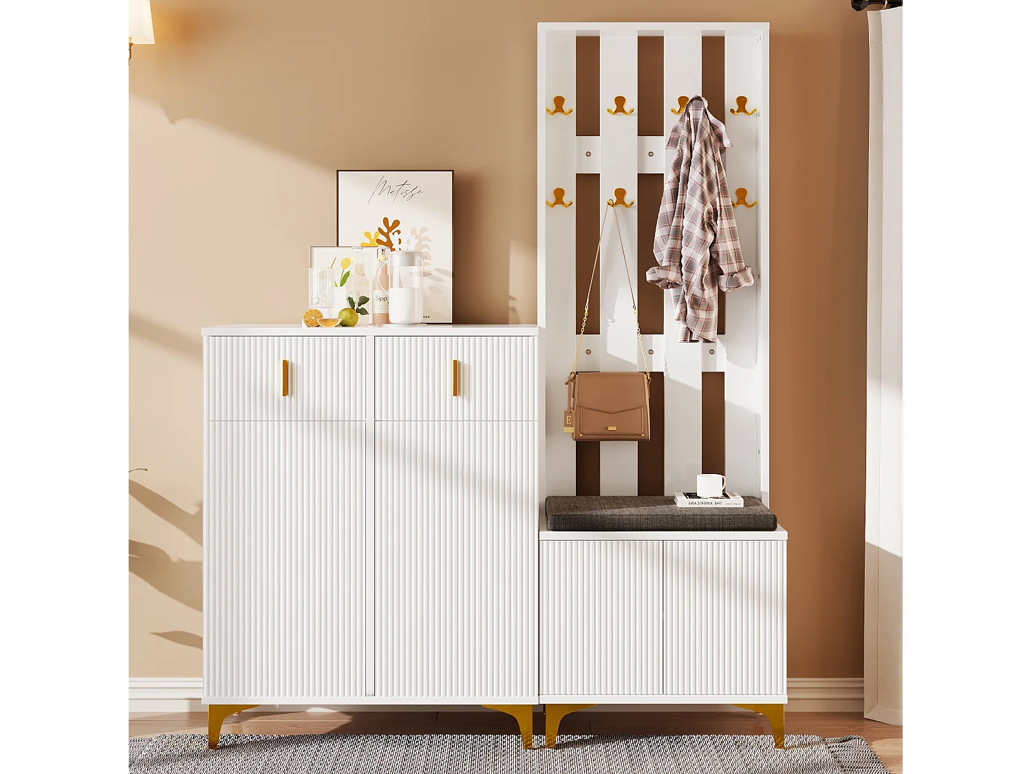 Ensemble vestiaire 60.5x35.2x180.5 cm et banc à chaussures 83x35x101 cm, 2 tiroirs, 2 portes, coussin, panneaux ondulés, panneaux de particules, blanc