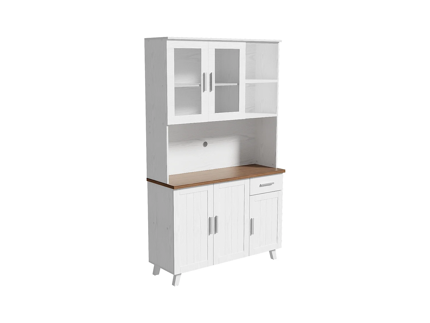 Buffet 114.5x40x190 cm avec tiroirs et compartiments ouverts panneaux de particules Blanc et couleurs naturelles pour salon