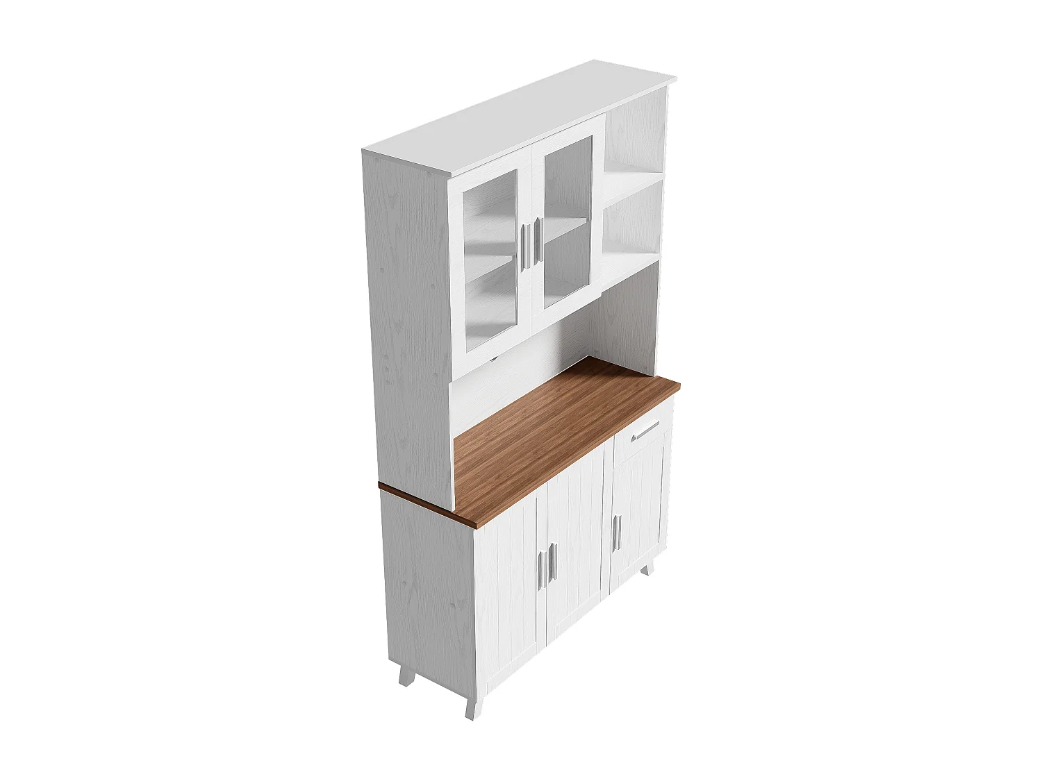 Hoge buffetkast 114x40x190 cm, grote opbergruimte, glazen deuren, soft close scharnieren, spaanplaat, wit en bruin