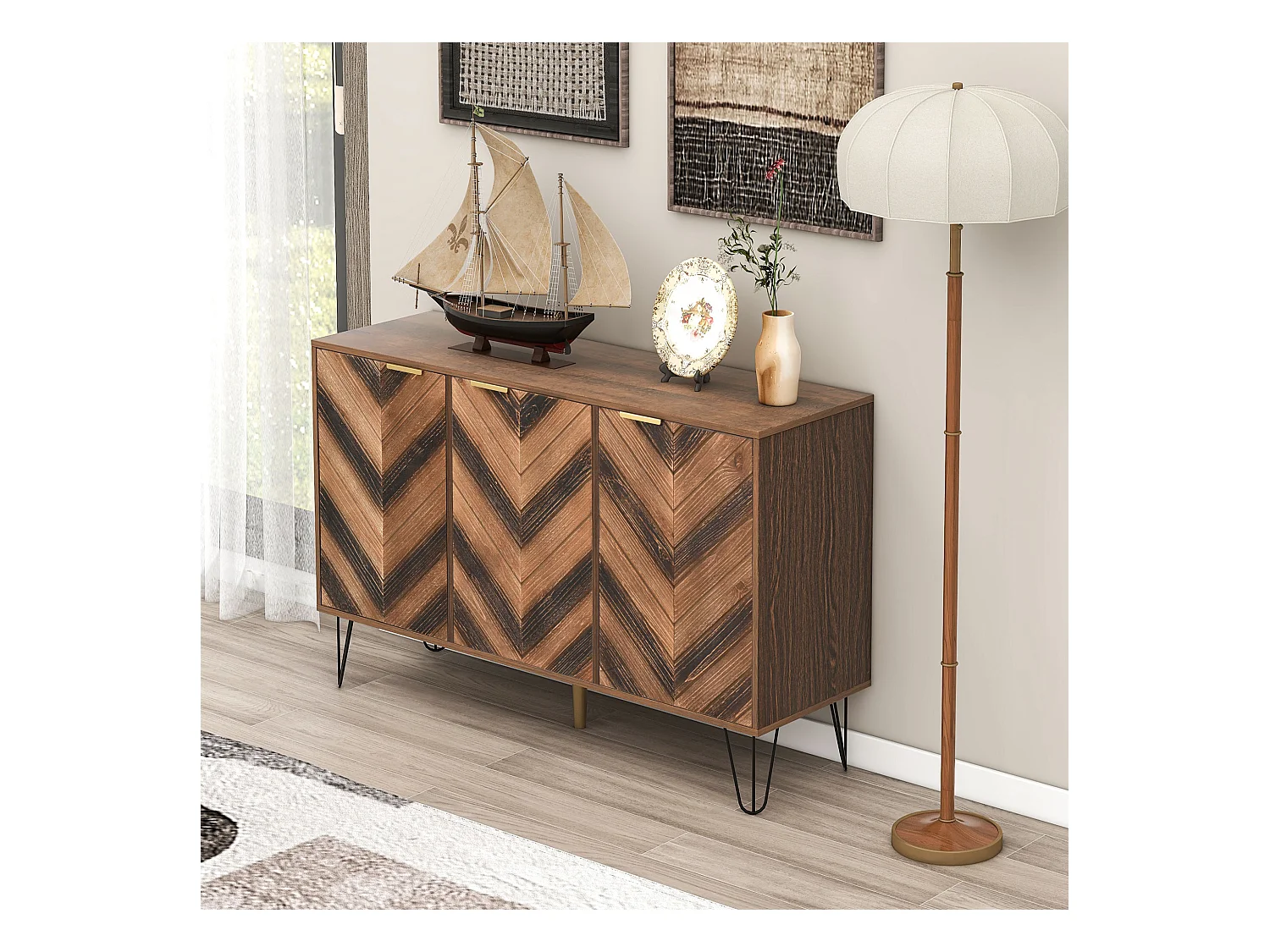 Buffet avec 3 portes 120x38x76.5 cm avec stratifié et petites armoires Matériau en panneaux de particules Couleur naturelle pour cuisine