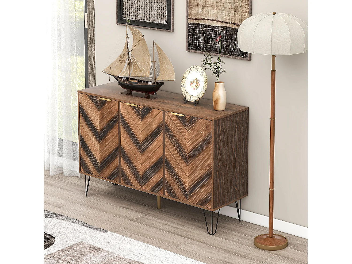 Buffet avec 3 portes 120x38x76.5 cm avec stratifié et petites armoires Matériau en panneaux de particules Couleur naturelle pour cuisine