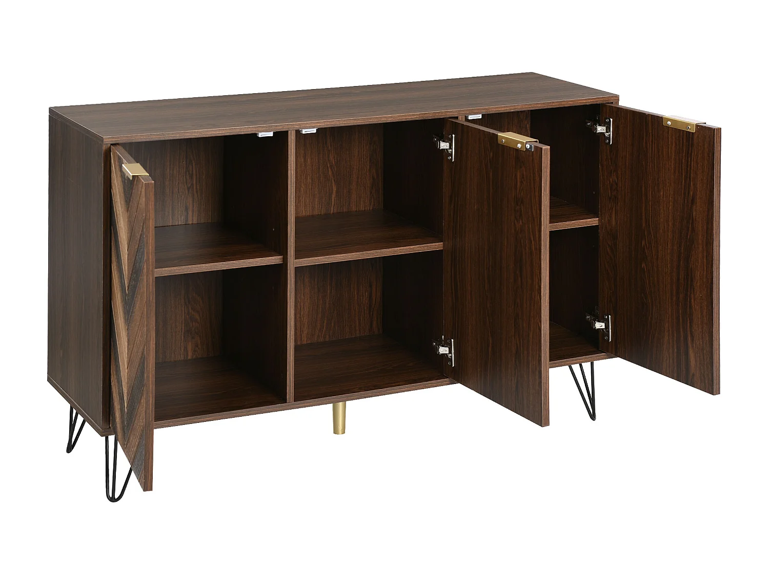 Buffet 120x38x76.5 cm, 3 portes avec étagères, poignées dorées, pieds en fer, panneau de particules, naturel