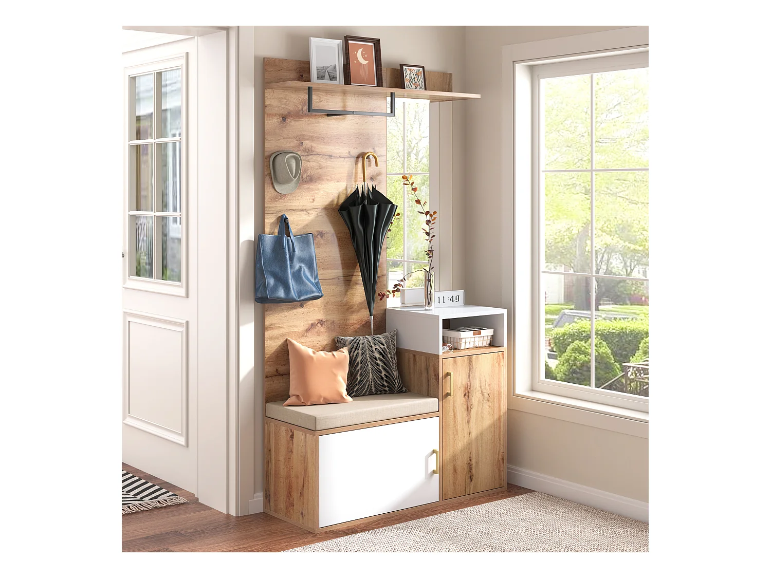 Ensemble meuble d'entrée 105x40x191.5cm 2 Compartiments à chaussures 2 Rangements Miroir intégré Tige à hanger Matériel MDF et Couleur naturelle