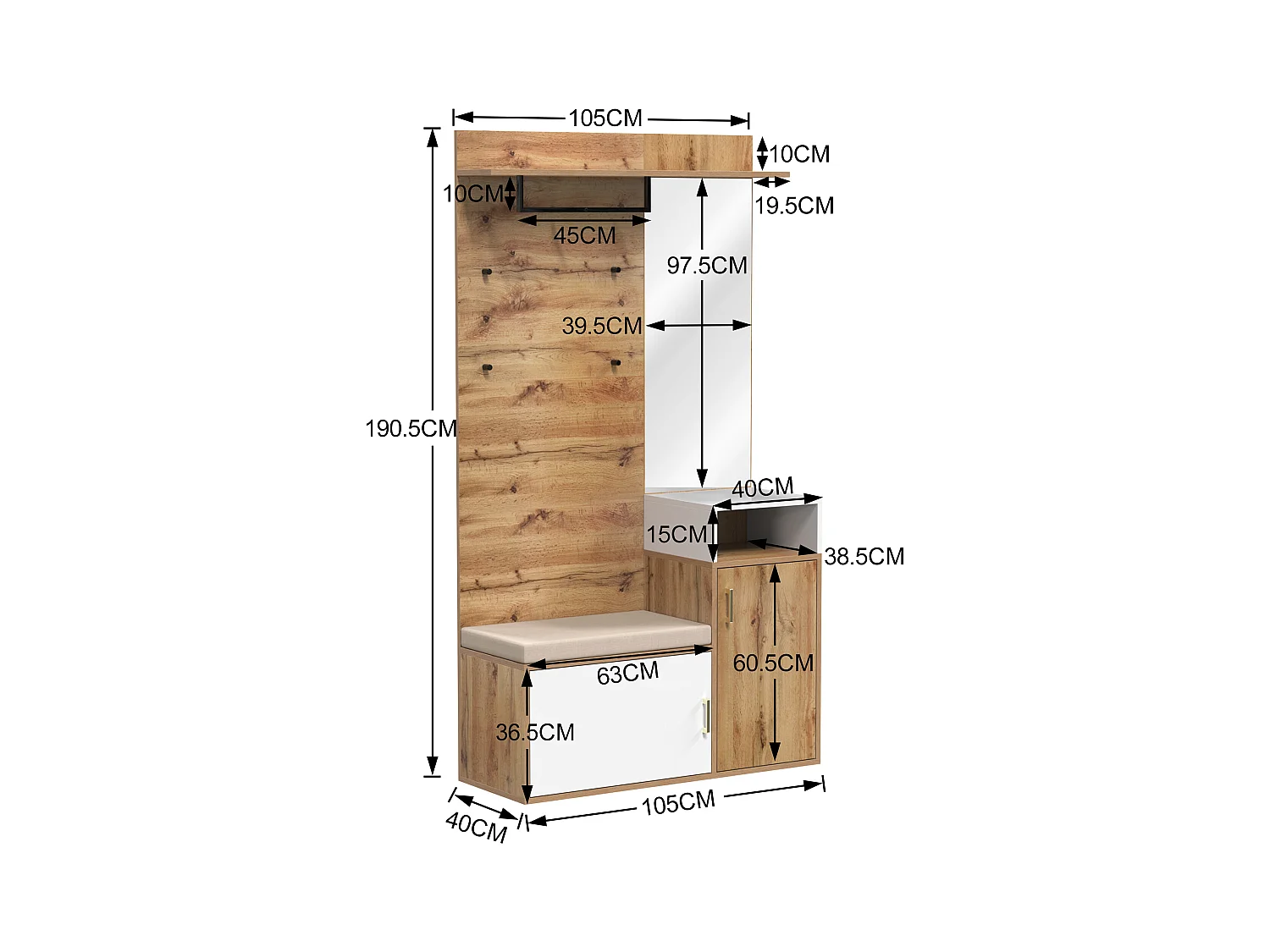 Ensemble meuble d'entrée 105x40x191.5cm 2 Compartiments à chaussures 2 Rangements Miroir intégré Tige à hanger Matériel MDF et Couleur naturelle