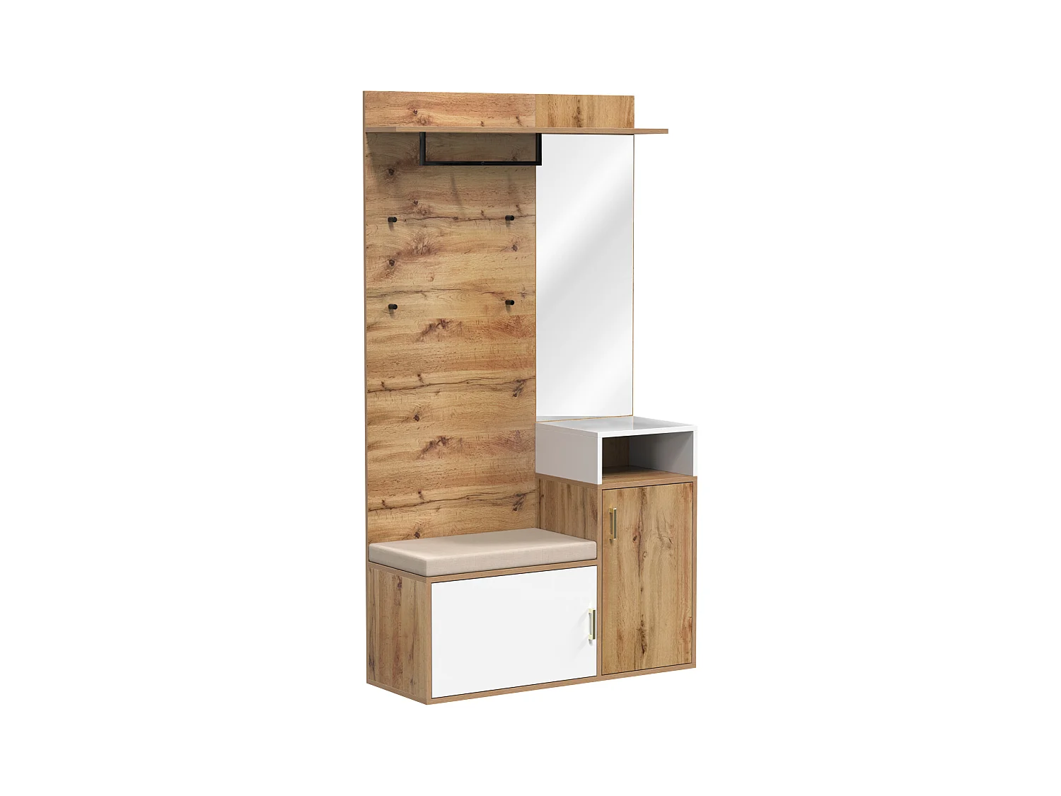 Ensemble meuble d'entrée 105x40x191.5cm 2 Compartiments à chaussures 2 Rangements Miroir intégré Tige à hanger Matériel MDF et Couleur naturelle