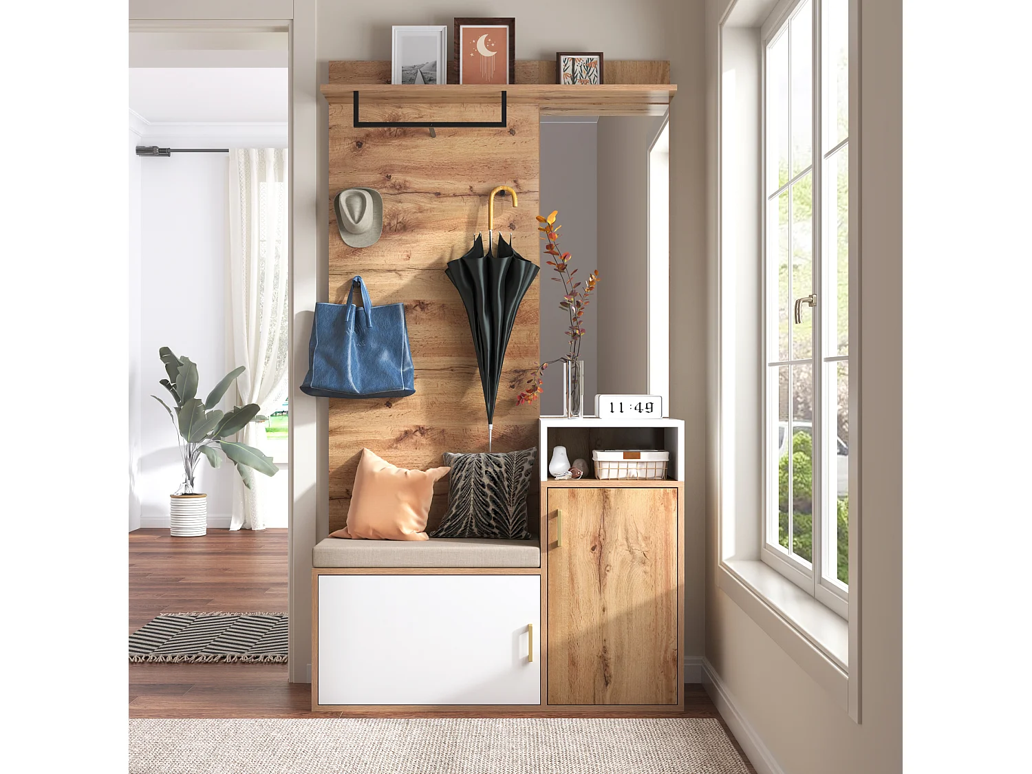 Ensemble meuble d'entrée 105x40x191.5cm 2 Compartiments à chaussures 2 Rangements Miroir intégré Tige à hanger Matériel MDF et Couleur naturelle