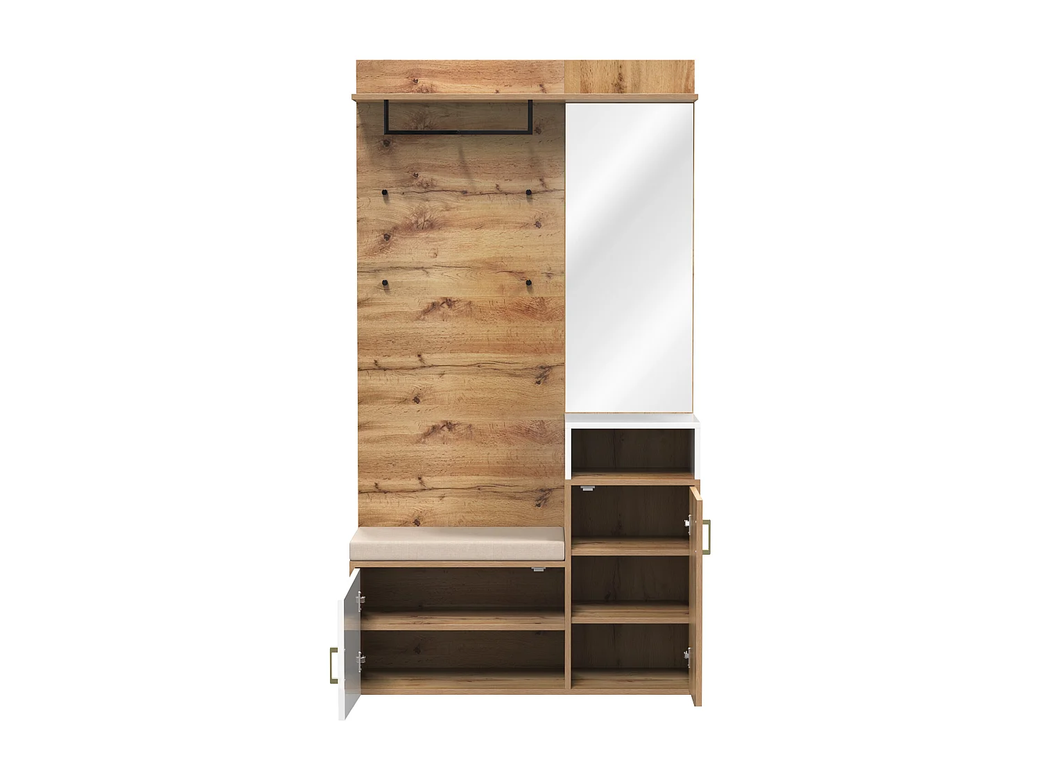 Ensemble de vestiaire d'entrée 105x40x190.5 cm, grand rangement chaussures, miroir intégré, crochets et tringle, MDF et panneaux de particules, blanc et bois